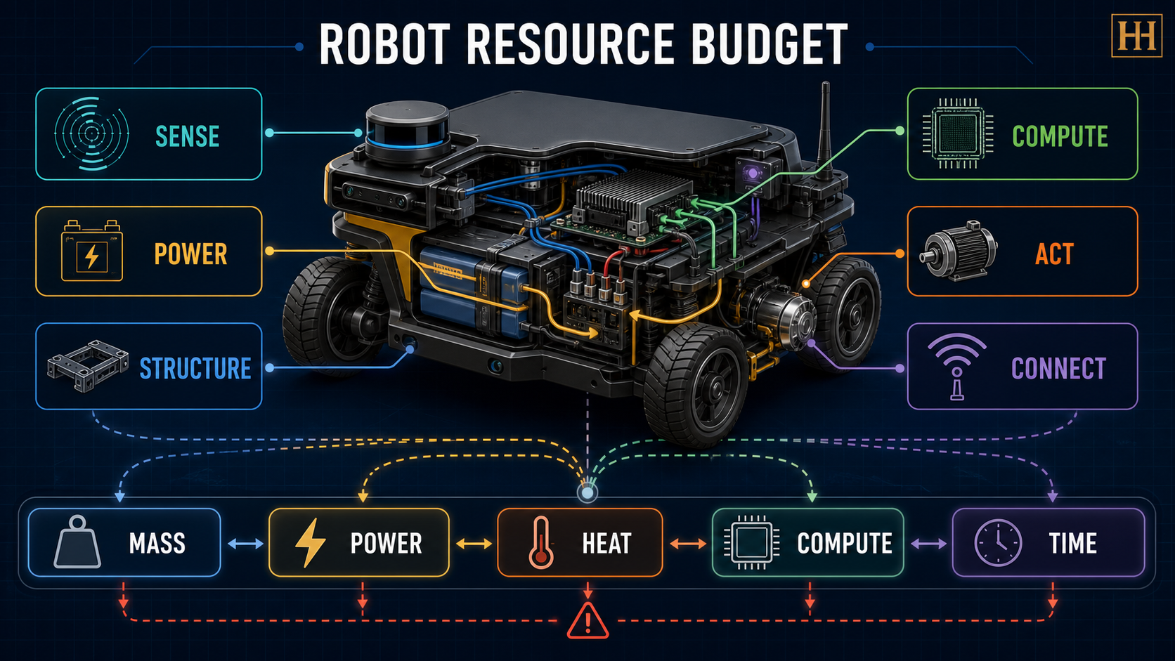 Robot resource budget showing sensing, compute, actuation, power, structure, and communication drawing from shared mass, power, heat, compute, and time limits